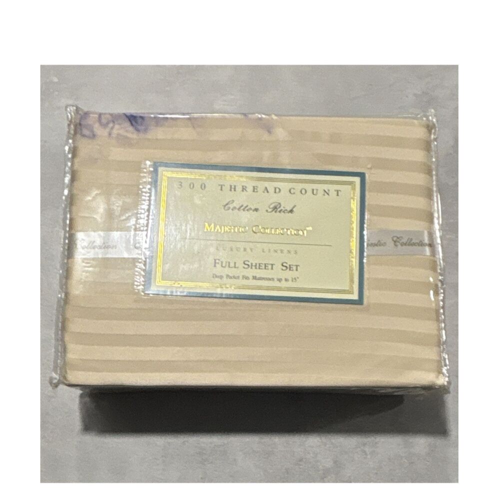 Majestic Collection Full Sheet Set 300TC Cotton Polyester Beige Striped NIP